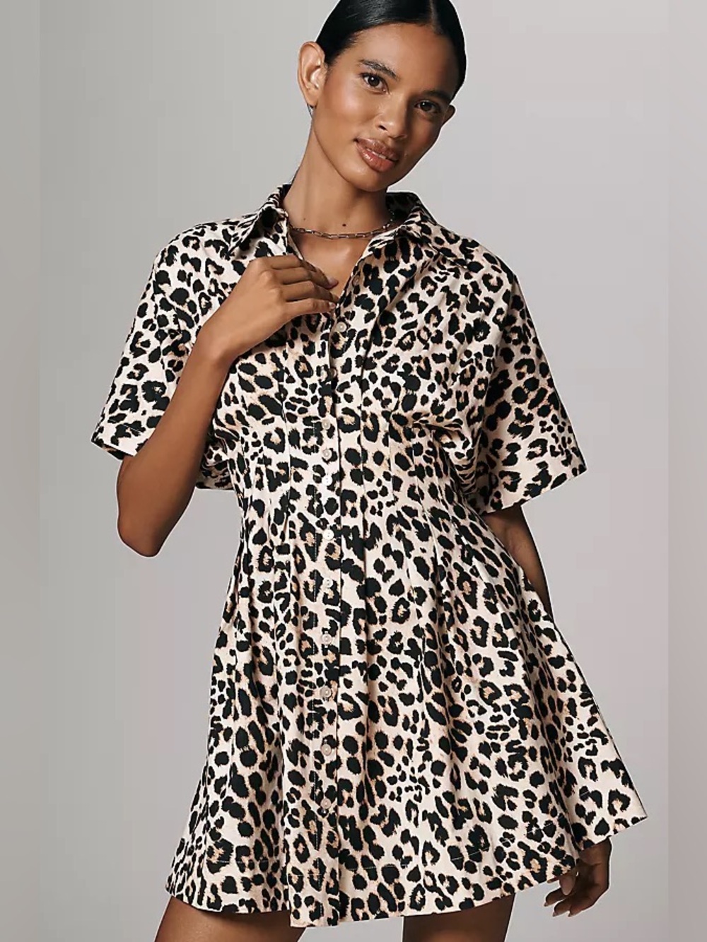 Anthropologie Y2K Glam Exquise Tobie Leopard Shirt Mini Dress NWOT Large